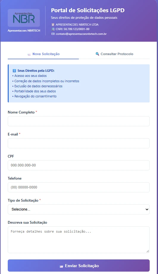 Tela real do portal de solicitações do titular no LGPDNBR
