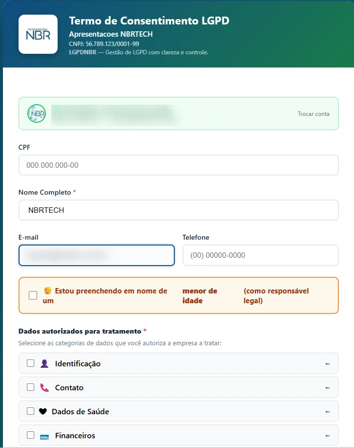 Tela real do termo de consentimento do LGPDNBR