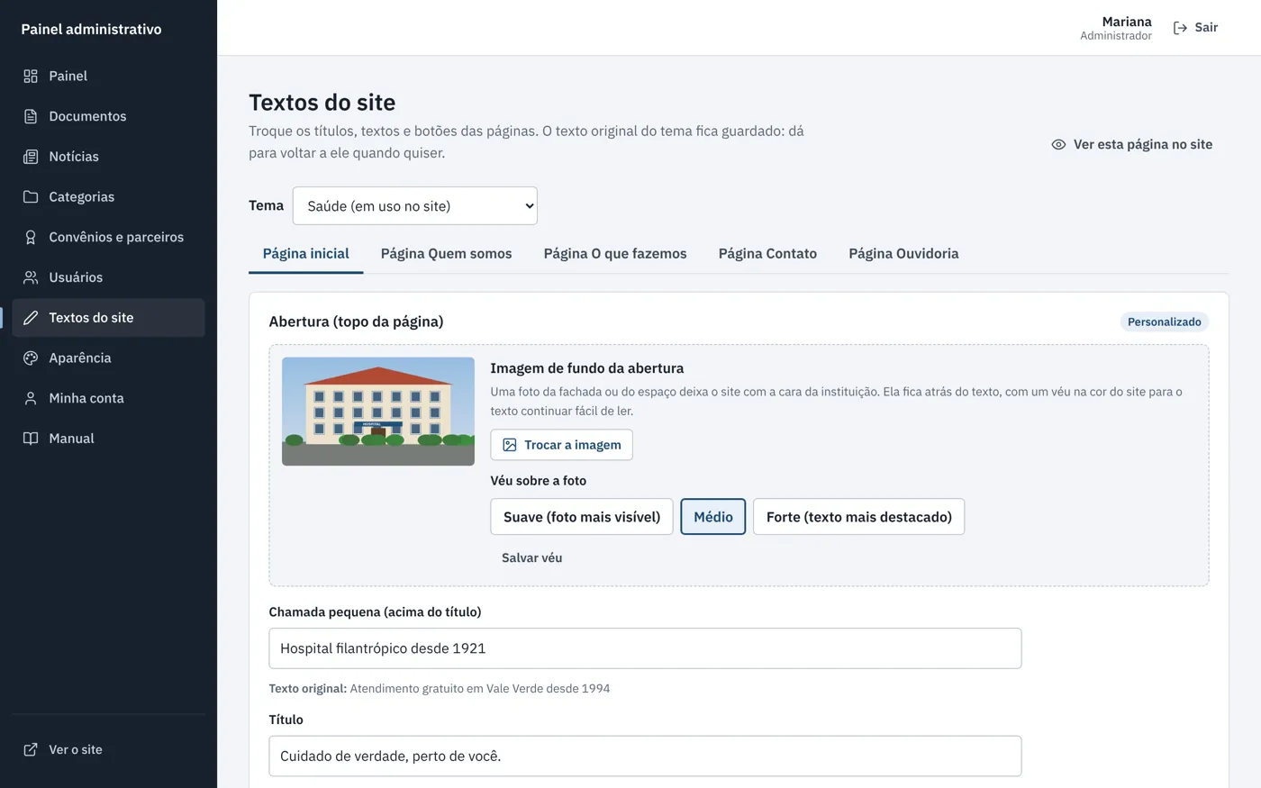 Painel: Textos do site