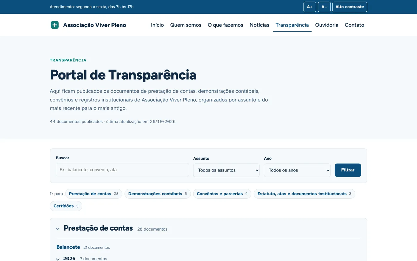 Portal de Transparência com documentos organizados por assunto
