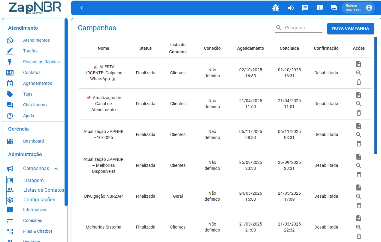 Tela real do ZAPNBR: Campanhas