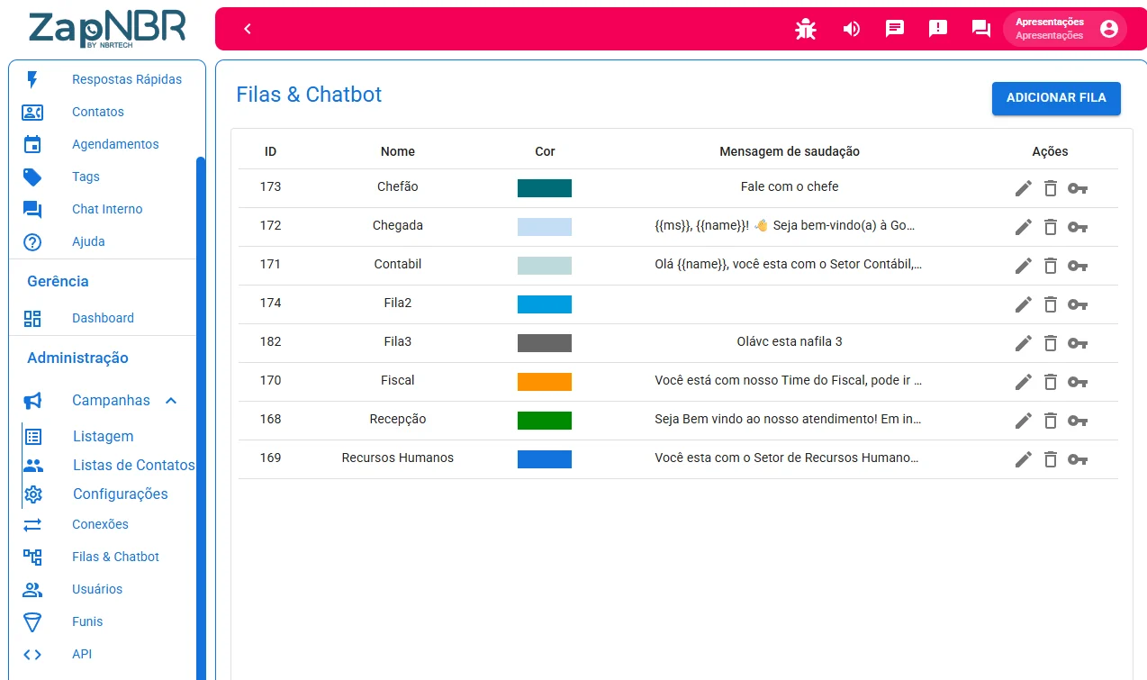 Tela real do ZAPNBR: Filas e chatbot